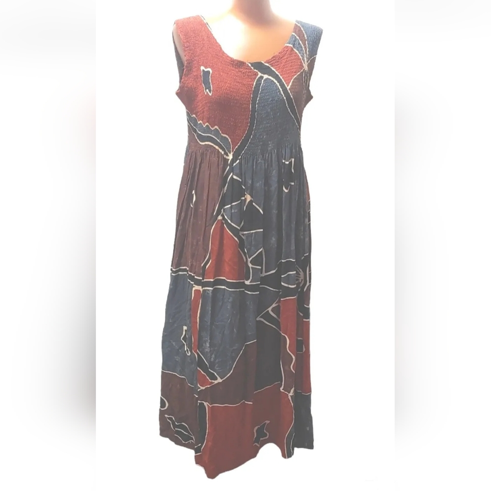 Fata Morgana Dress Smocked Abstract Art Colorful Rayon Festival Vacation Sz Med